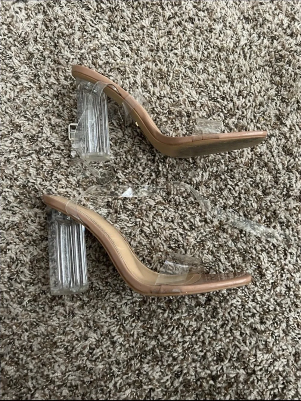 Clear Strap Block Heel Sandals in Nude